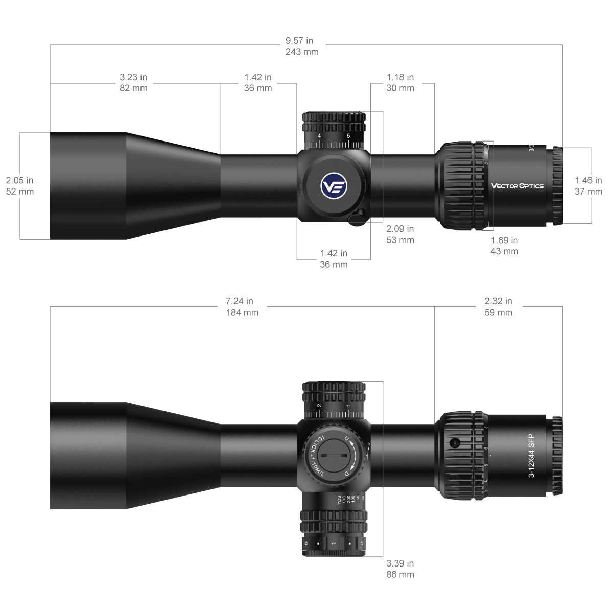 Vector Optics Veyron 3-12x44IR SFP kompakti kiväärin tähtäin 