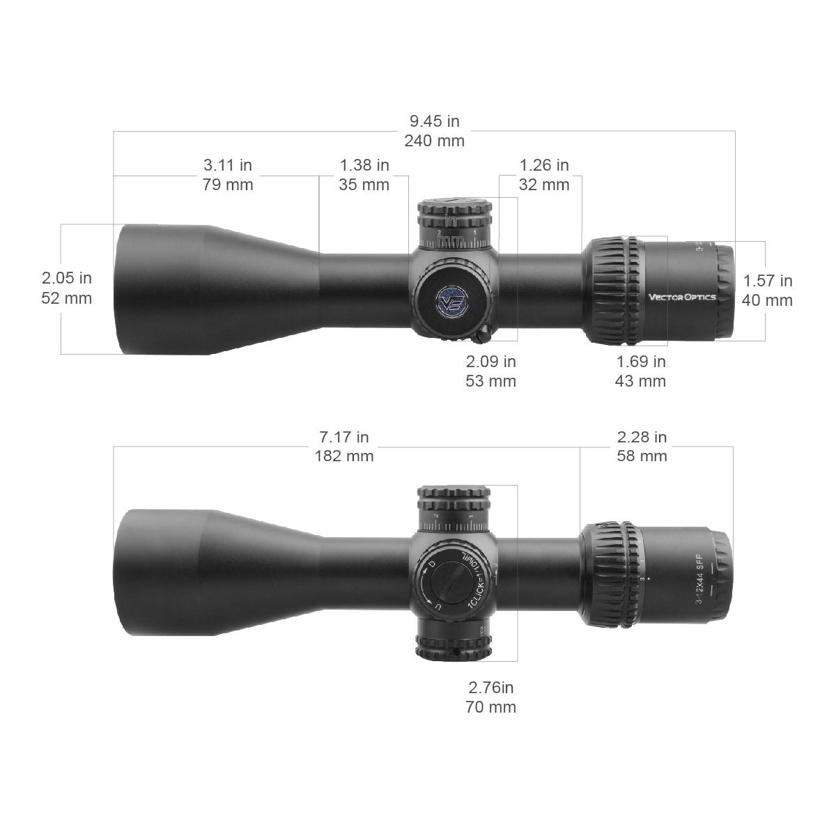 Vector Optics Veyron 3-12x44 SFP kompakti kiväärin tähtäin 